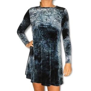 Earthbound Trading Crushed Velvet Pleated Midi Dress Small Blue Long Sleeve